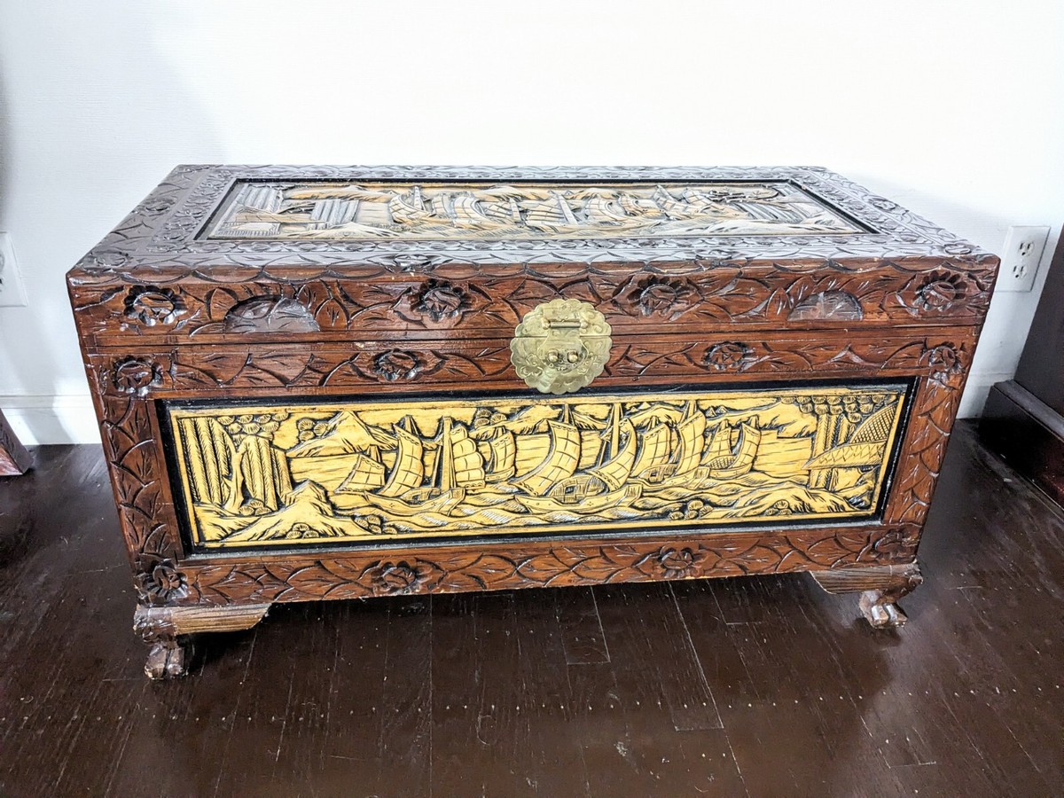 Vintage Chinese Chest Luggage Box Carved Wood Ships Brown 34.5”x18