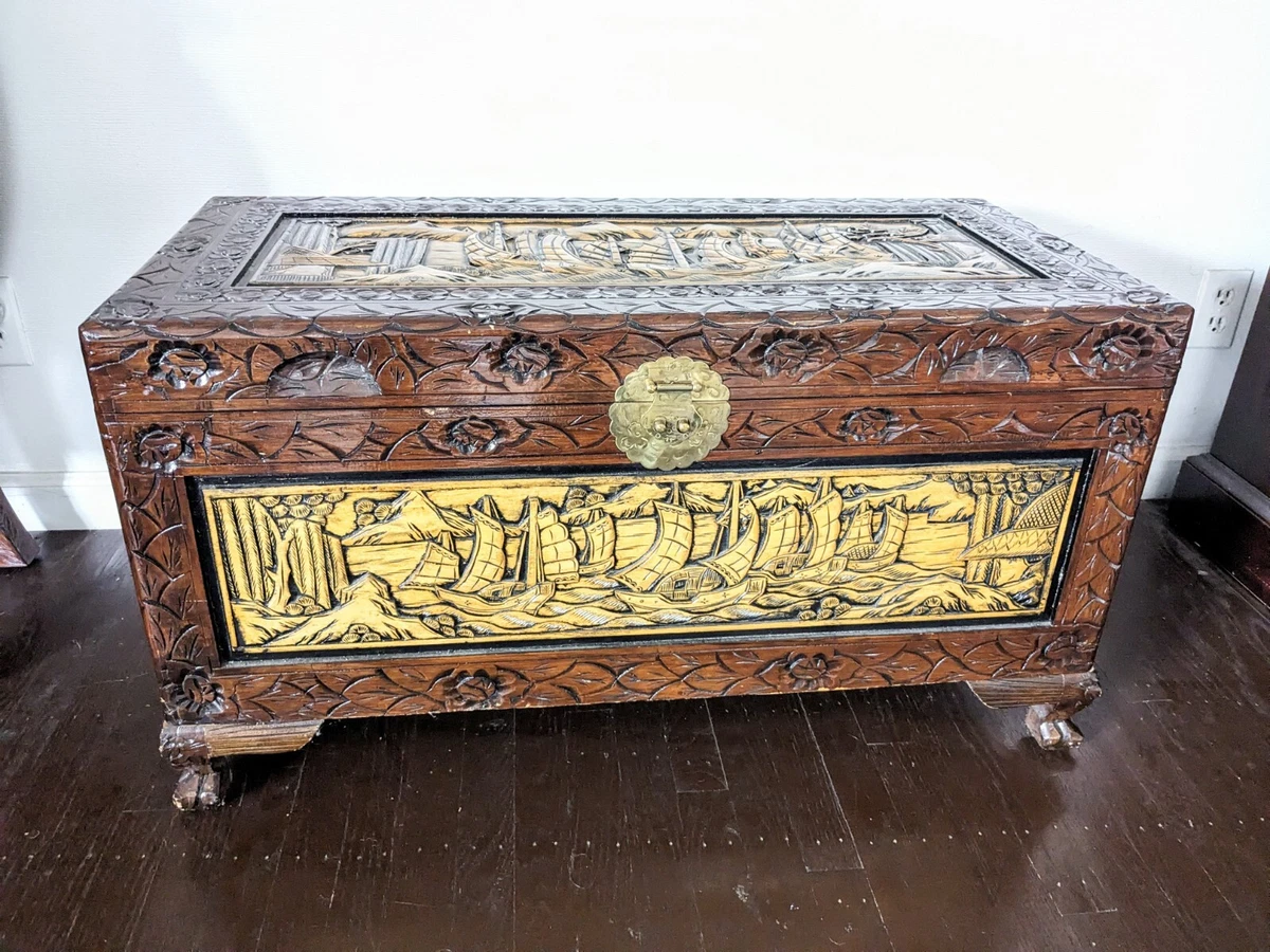 Vintage Chinese Chest Luggage Box Carved Wood Ships Brown 34.5”x18
