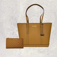 Michael Kors Tasche Shopper GeldböRse Portmonee Jet Set Travel Braun Leder Neu