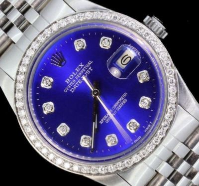 Rolex Mens Blue Datejust Stainless Steel Oyster Diamond Dial Luxury Watch 