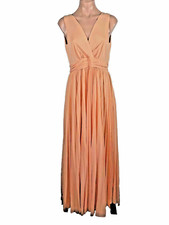 VINTAGE 1970s Peach Chiffon Dress Pleated Fit Flare Maxi Party Evening Gown M/L