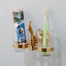 Gold Wall Mount Bathroom Toothbrush Double Glass Mugs Holder Brass Organizer Set