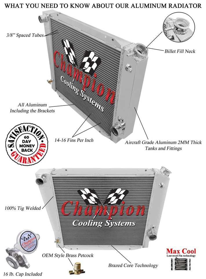 Radiador Kool Champion 2 filas todo aluminio para motor Ford Bronco V8 1966-1977 Foto 3 de 4
