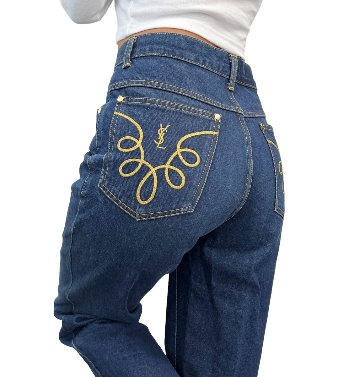 Yves Saint Laurent Vintage YSL Logo Denim Cropped Pants #40 Blue