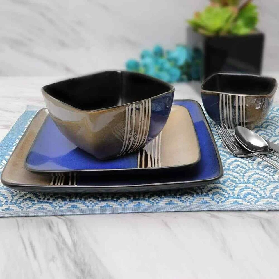 Elama Uptown Loft Blue 16 Piece Double Bowl Square Stoneware Dinnerware Dish Set - Image 2 of 4