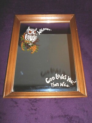Vintage Owl Wood Frame Mirror Wall Decoration Plaque God Loves You Dickson 13x10