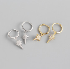 925 Sterling Silver Dangle Star CZ Huggie Small Hoop Earrings Gift Box PE47