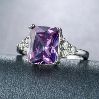 5.26 Ct Emerald Cut Natural Amethyst Diamond Wedding Ring 14K White Gold Size 8