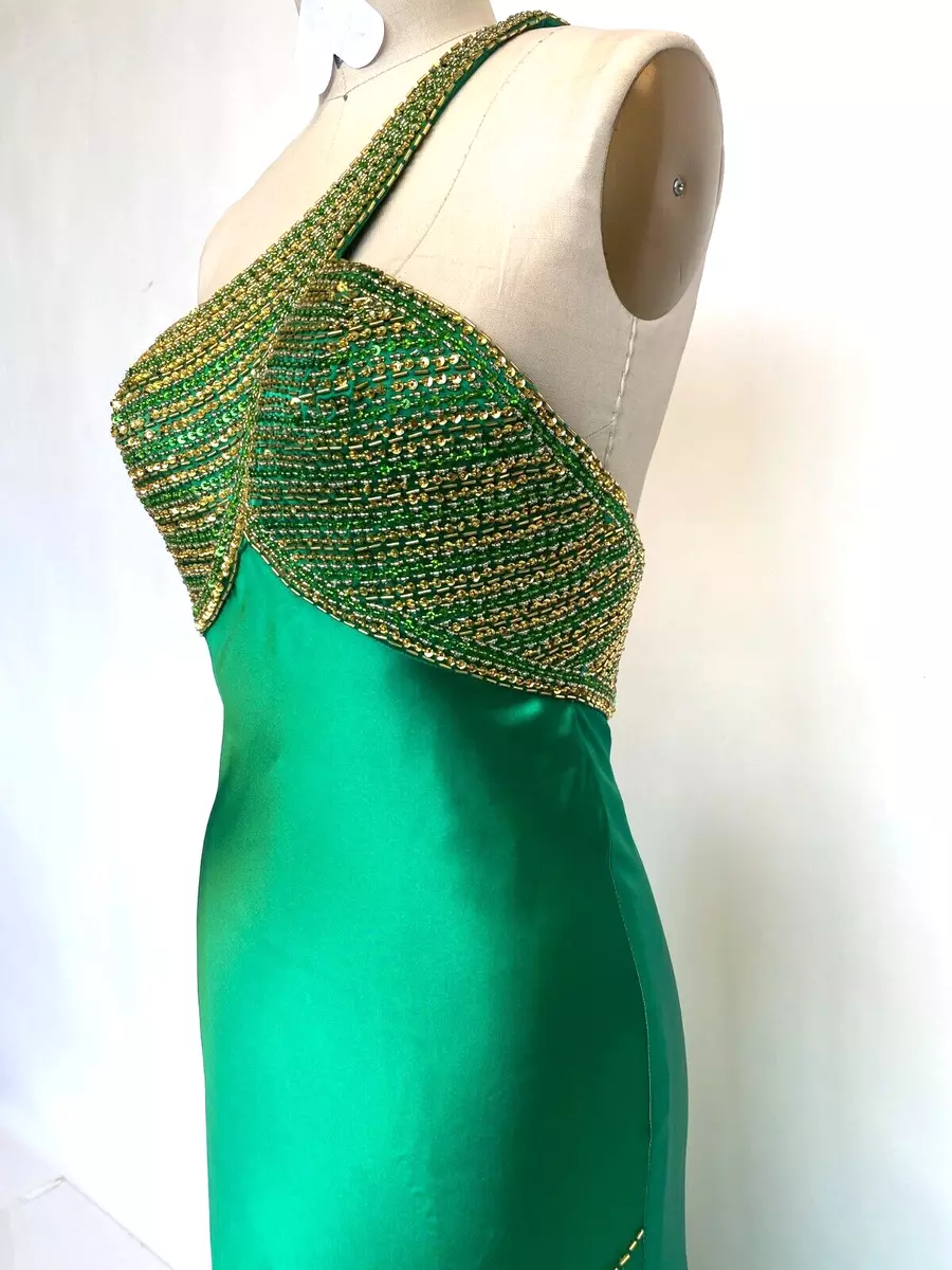 Green Prom Dress Size 6 Emerald Beaded Party Gown Formal One Shoulder Sz 6