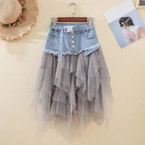 Women Denim Mesh Splice Skirt High Waist Asymmetric Frill Tulle Gothic Chic Slim - Picture 4 of 10