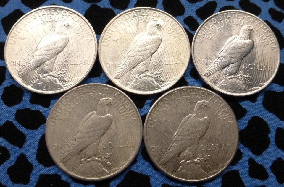 Peace Dollars 1921-1935 Lot of 5 Uncirculated 90% Sil ver Coin Mixed Year US - Image 2 of 4