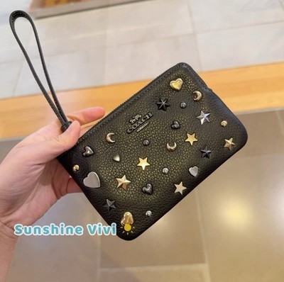 Coach Black Leather Corner Zip Wristlet with Moon Star Heart