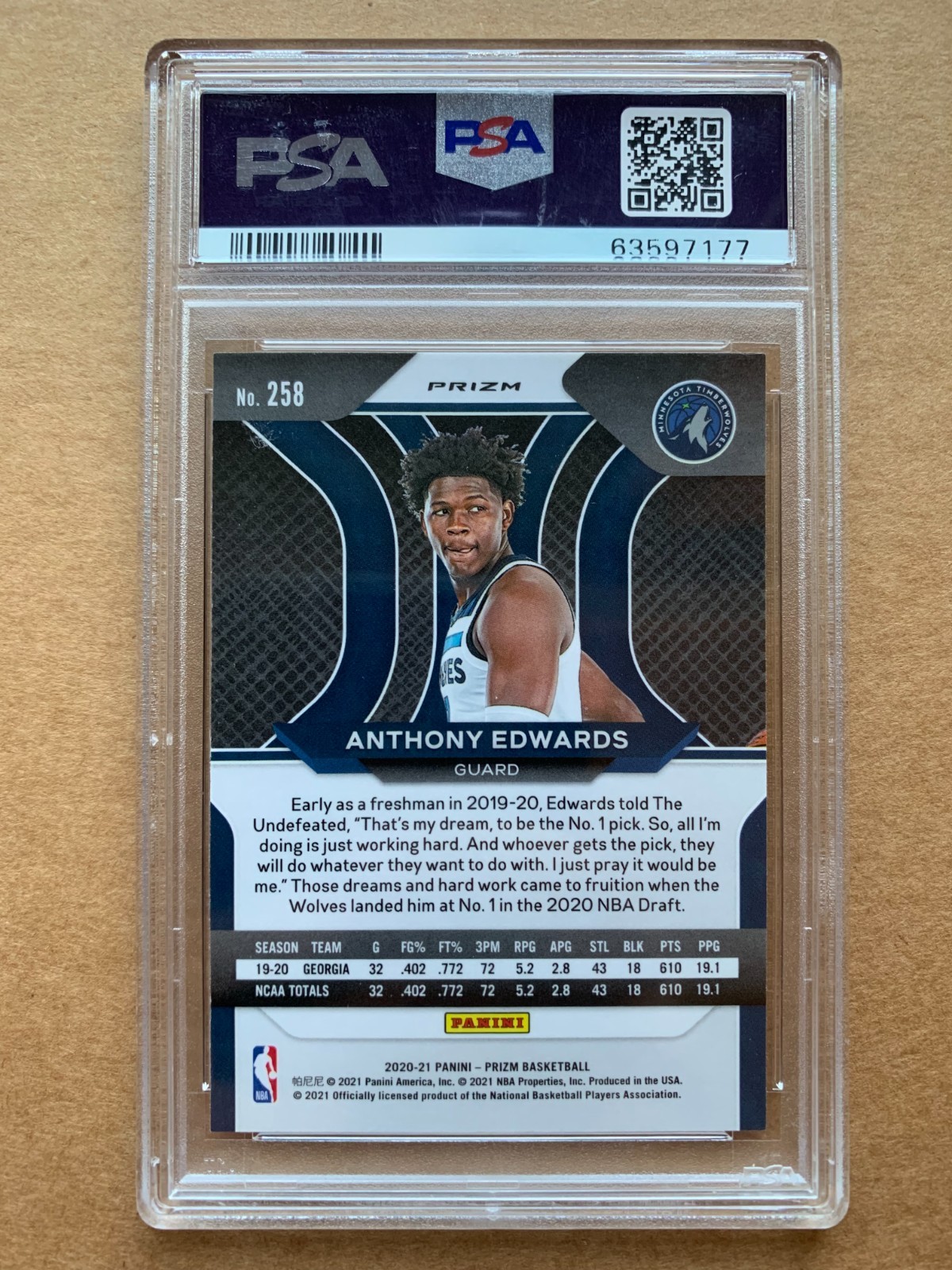 Anthony Edwards 2020-21 Panini Prizm #258 Silver Prizm Rookie RC PSA 10 GEM MINT view 2
