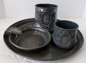 ANTIQUE SMOKING SET 1890'S BARBOUR SILVER CO. QUADRUPLE SILVER PLATE REPOUSSE