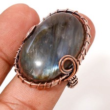 Blue Labradorite Gemstone Birthday Gift Wire Wrap Copper Jewelry Ring 10" PG 36