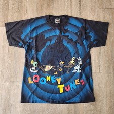 Vintage 90s Looney Tunes Bullseye AOP Tshirt Size L Black Single Stitch