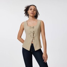 Women's Square Neck Sleeveless Front Bow Tie Closure Vest Top - A