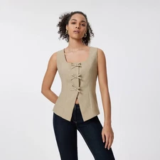 Women's Square Neck Sleeveless Front Bow Tie Closure Vest Top - A