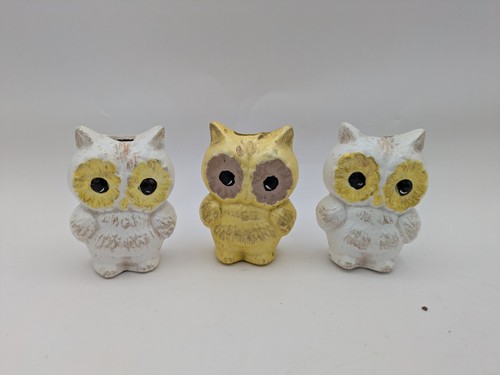 3 Vintage Ceramic Macrame Beads, Owls White, Yellow, Gold