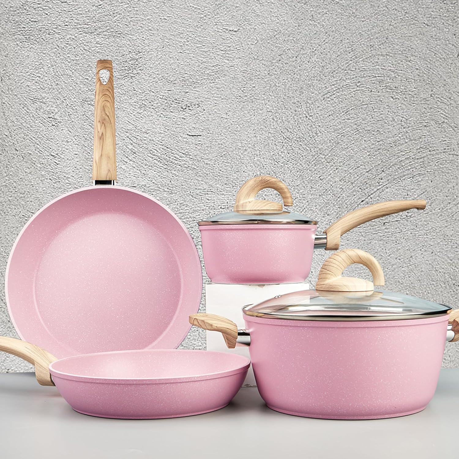 Pink Non Stick Ceramic Cookware Set with Granite Pattern Pots and Pans