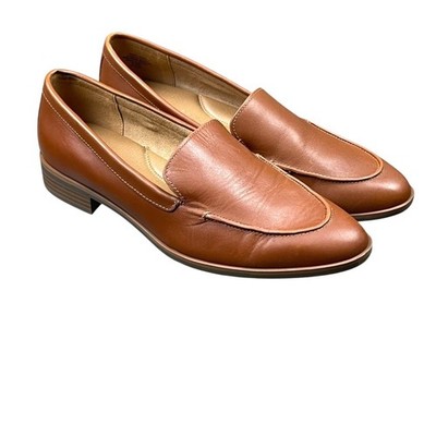 Aerosoles Women Tan East Side Loafer 9.5 Leather Almond Toe Slip On Flat Shoes