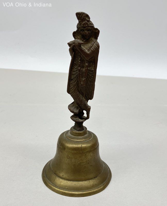 Vintage Brass Hand Bell Krishna Figurine Handle Made in India Hindu Decor