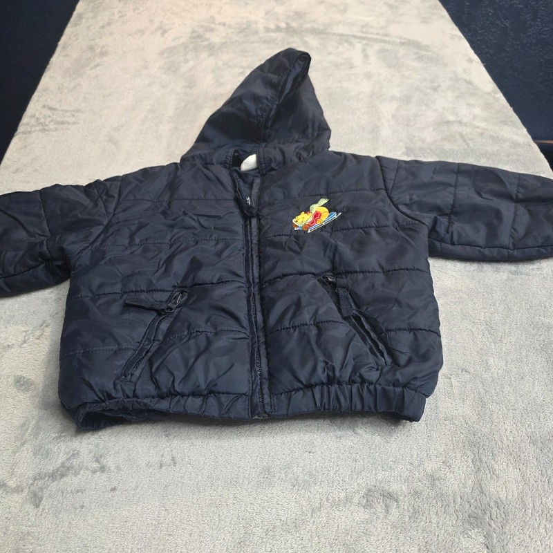 Vintage Ski Pooh Disney Store Winnie the Pooh Puffer Jacket Hood Navy Size 18M