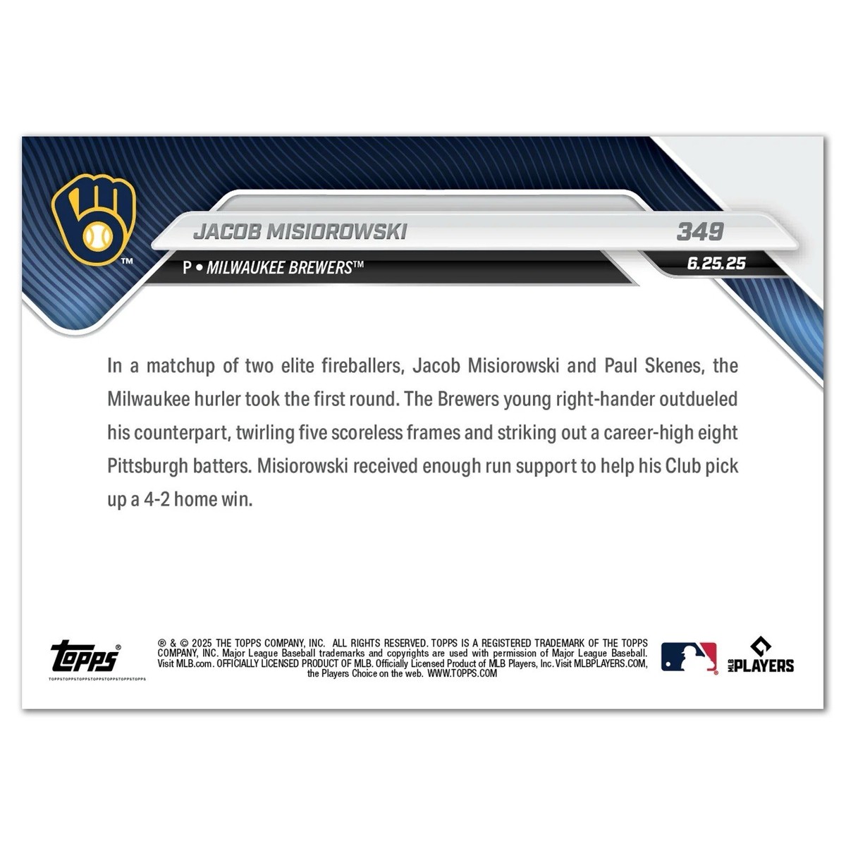 Jacob Misiorowski Call-Up Brewers 8 K's 2025 MLB Topps NOW Card