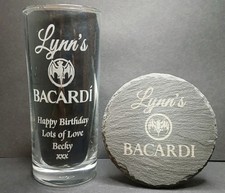 Personalised Bacardi Glass And Slate Coaster Gift Set Name / Message Rum Glass