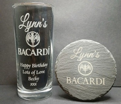 Personalisierte Bacardi Glas und Schiefer Untersetzer Geschenkset Name/Nachricht Rum Glas X