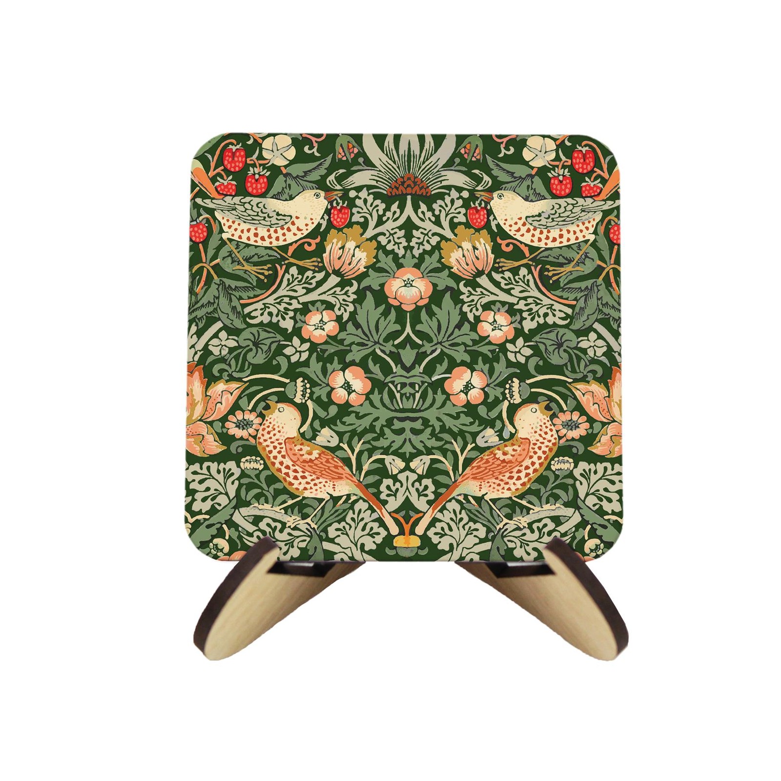 Green Strawberry Thief Cork Coaster Set - William Morris Artwork Gift with Stand