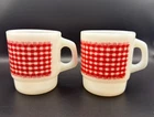 Vtg Fire King Anchor Hocking Red Gingham Plaid StackableMug Cup Milk Glass