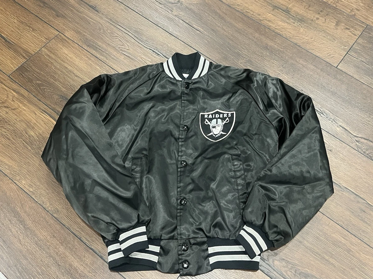 VINTAGE Black 90's OAKLAND RAIDERS CHALK LINE ARCH SATIN JACKET