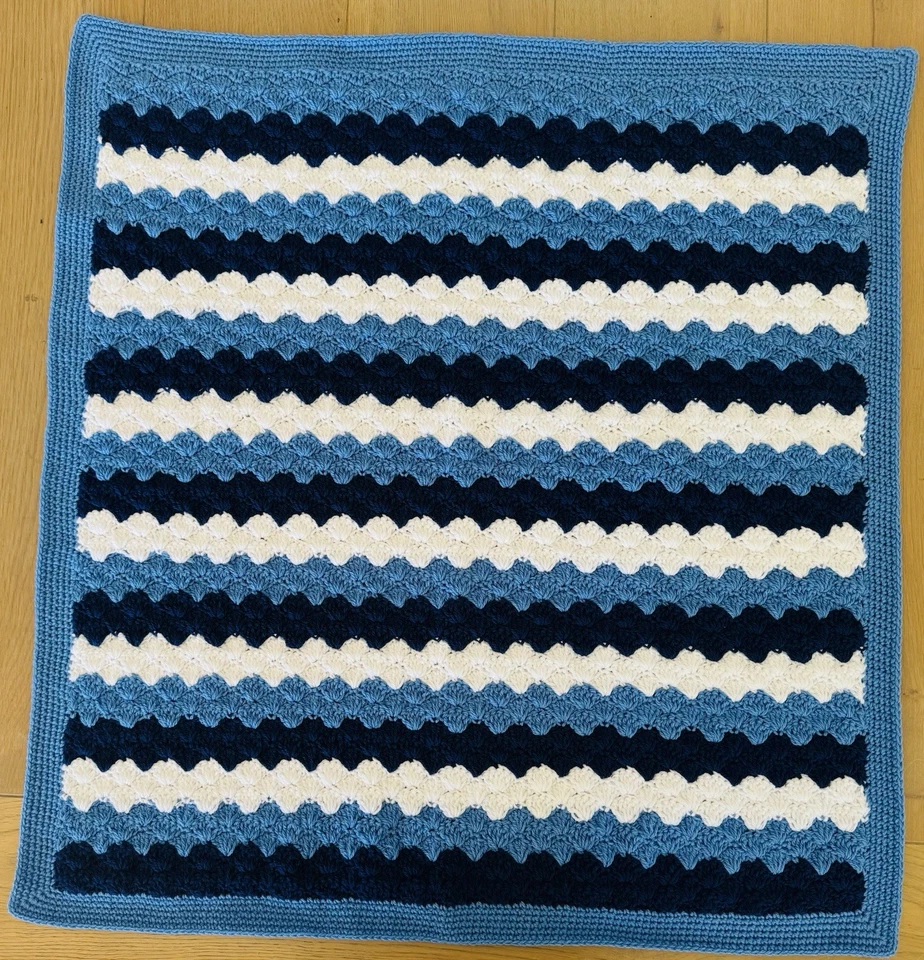 Handmade Crochet Baby Blanket Blue Boy Stripe Car Cot Floor Pram Gift Babyshower - image 4 of 4