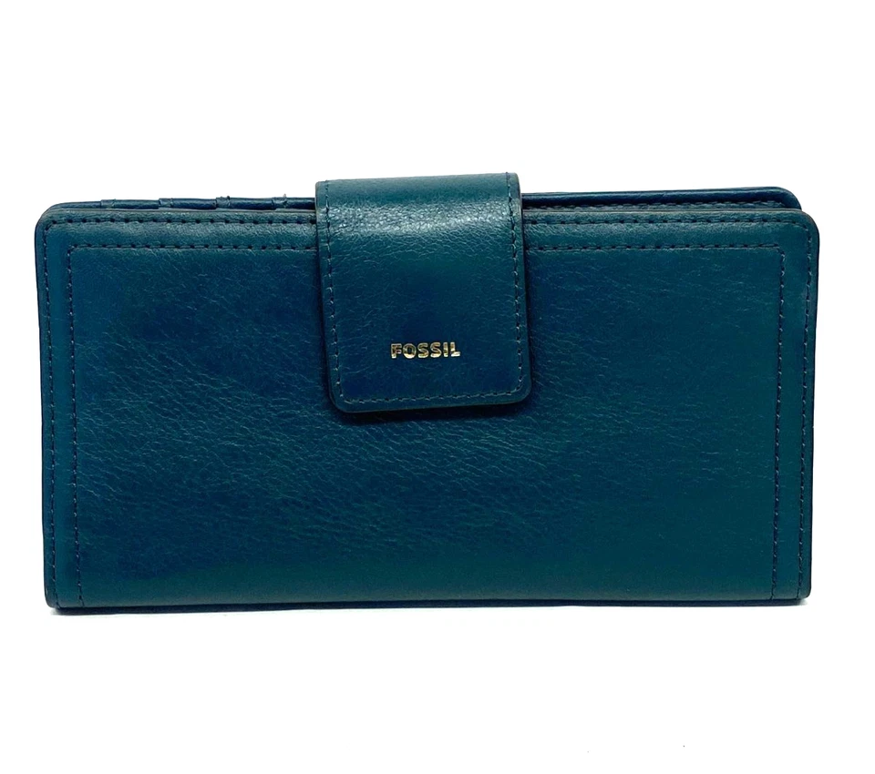 FOSSIL Mujer Cartera Doble Plegable Portatarjetas Monedero Cuero Guijarro Bosque Verde Foto 3 de 4
