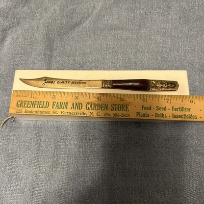 Vintage ''James Quality Jewelers'' Advertising Letter Opener Brass and Rosewood