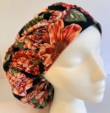 Pink Floral on Black Print Size Large Medical Bouffant Scrub Cap Surgery Hat
