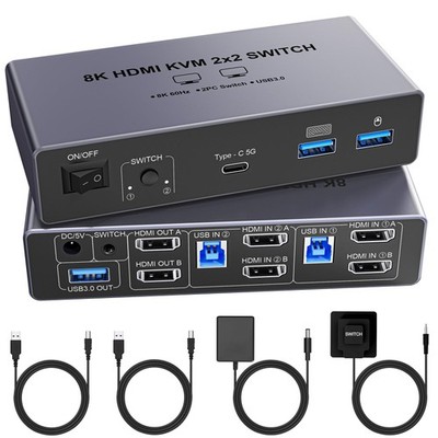 8K60Hz HDMI KVM Switch 2 Monitors 2 Computers, with 4 USB 3.0 Ports (3 USB-A+...