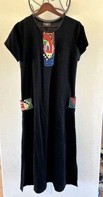 Vintage Seds Crafts Molas Panama Appliqué Kaftan Maxi Dress Handmade Fish Medium