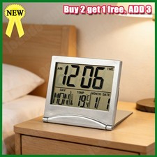 Desk Top Clock Foldable Silver Digital LCD Temperature Alarm Office Day Clock UK