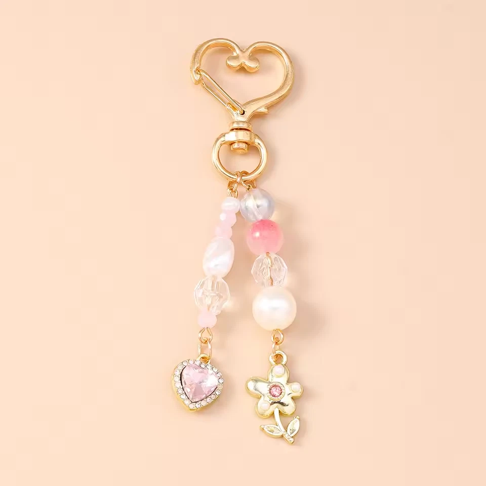 Porte-clé Y2K métal cœur & perles mignon – accessoire sac clé femme / cadeau - Photo 3/4