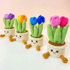 Handmade Crochet Cotton Tulip Flower Pot: Smiley Decor