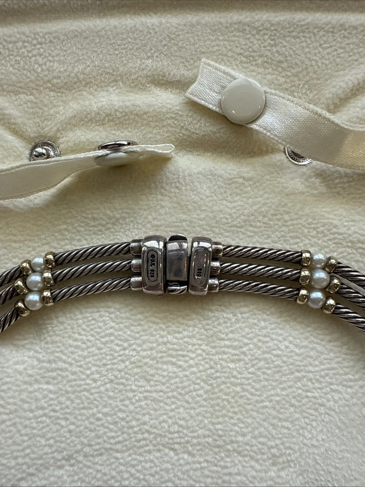 Ожерелье с жемчугом David Yurman DY из чистого серебра 14 карат желтое золото 3 троса 3 мм 15 дюймов - Изображение 3 из 4