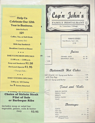 1980 Cap'n John's Paper Menu Colorado Springs Ham Steak Dinner Cost $2.95