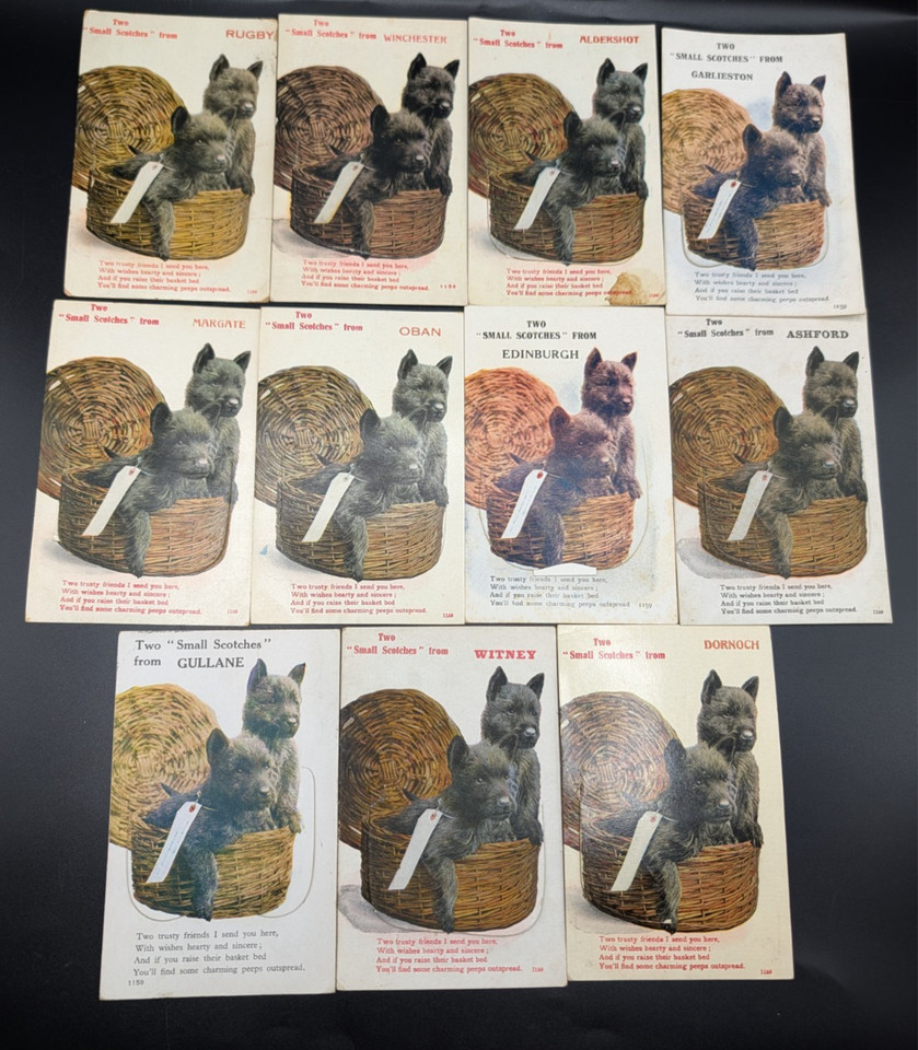 Companion set to the 13-pack — 11 fold-out Scottie novelty postcards with the 'Two Small Scotches' pun, a slightly smaller but equally delightful antique lot.