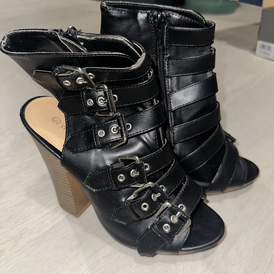 Zapatos de salón Wild DIVA con correa de cuero negro para mujer talla 5,5 plataforma tacones madera Foto 2 de 4