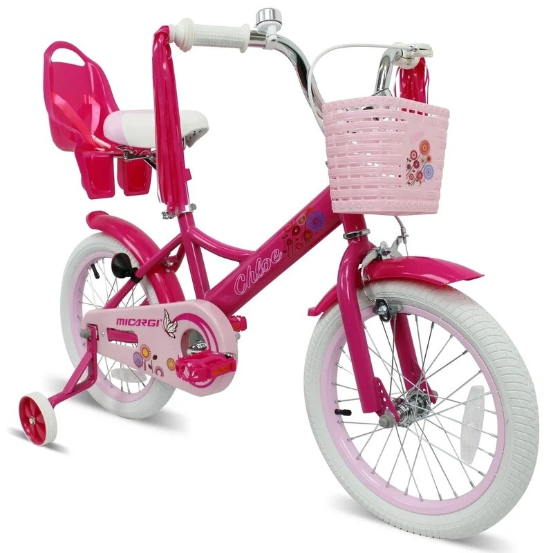 Bicicleta para niños de 16 pulgadas con ruedas de entrenamiento cesta serpentinas muñeca portador campana rosa Foto 2 de 4