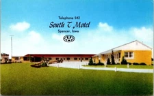1950s South T Motel Spencer Delux Hot Water Café Nearby Iowa Vintage Postcard
