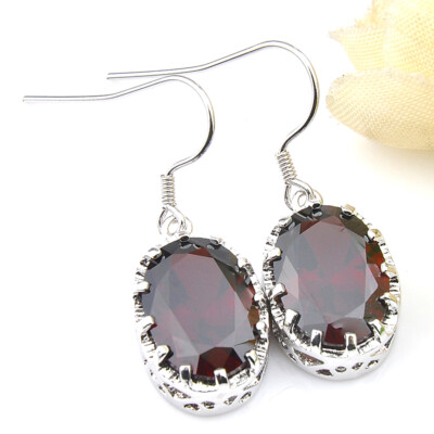 Handmade Jewelry Natural Shiny Oval Red Fire Garnet Gems Silver Dangle Earrings