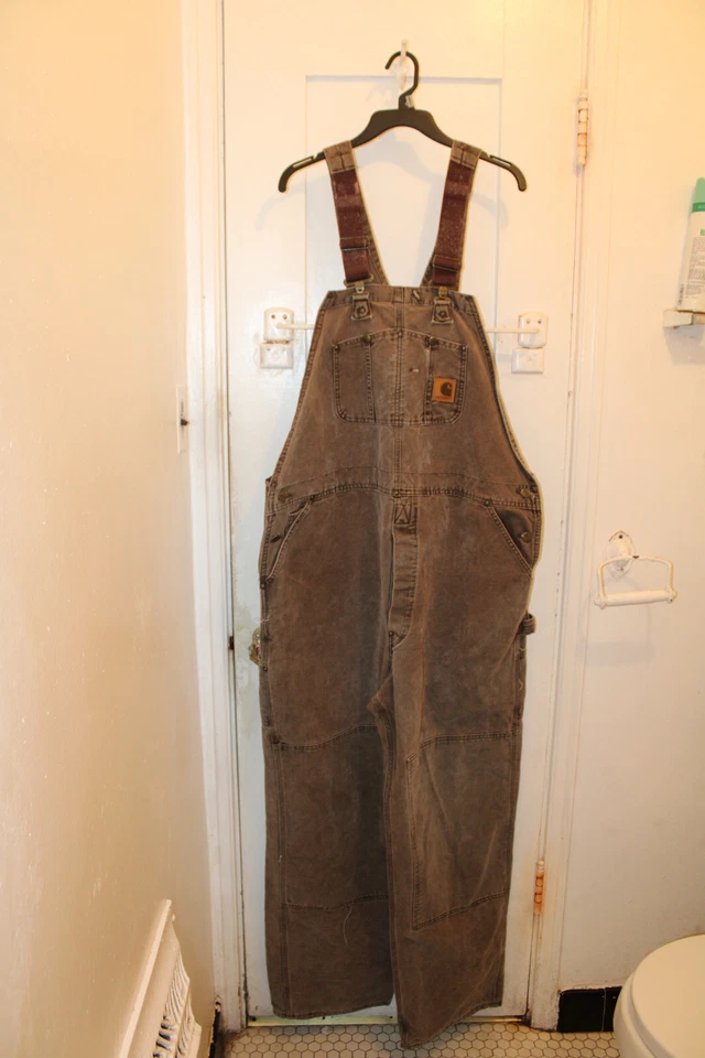 CARHARTT Overalls Bib R06 CHT 44x34 Double Knee Canvas Work Duck Brown USA Union - Image 2 of 4